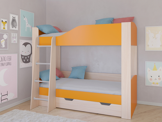 Кровать двухъярусная  Кровать двухъярусная АСТРА 2 Дуб молочный/Оранжевый с ящиком