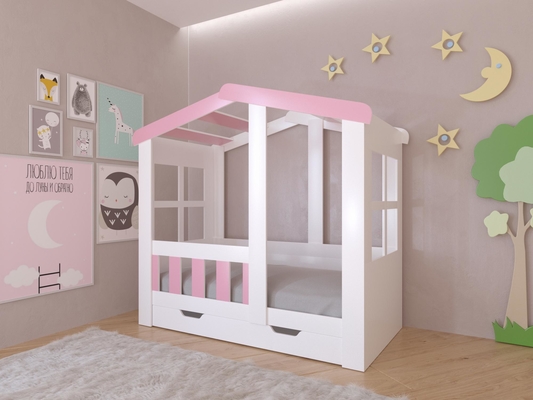 Детская кровать  Кровать Астра Домик Белый/Розовый с ящиком