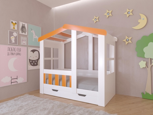 Детская кровать  Кровать Астра Домик Белый/Оранжевый с ящиком