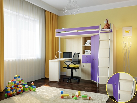 Детская кровать  Кровать чердак М-85 Дуб молочный/Фиолетовый