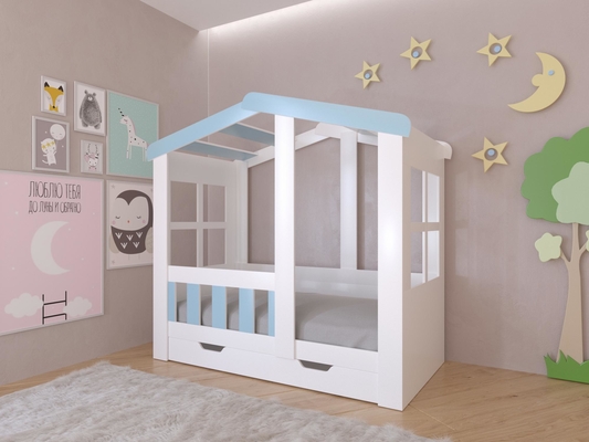 Детская кровать  Кровать Астра Домик Белый/Голубой с ящиком