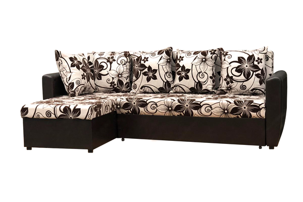 Диван тканевый угловой Мартин Угловой диван-кровать «Мартин» цветы на бежевом фоне и коричневый кожзам
